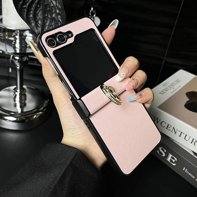 

For Samsung Galaxy Z Flip 6 5 4 3 Case Luxury Matte Leather Rotating Ring Holder Folding Hinge Protection Shockproof Back Cover