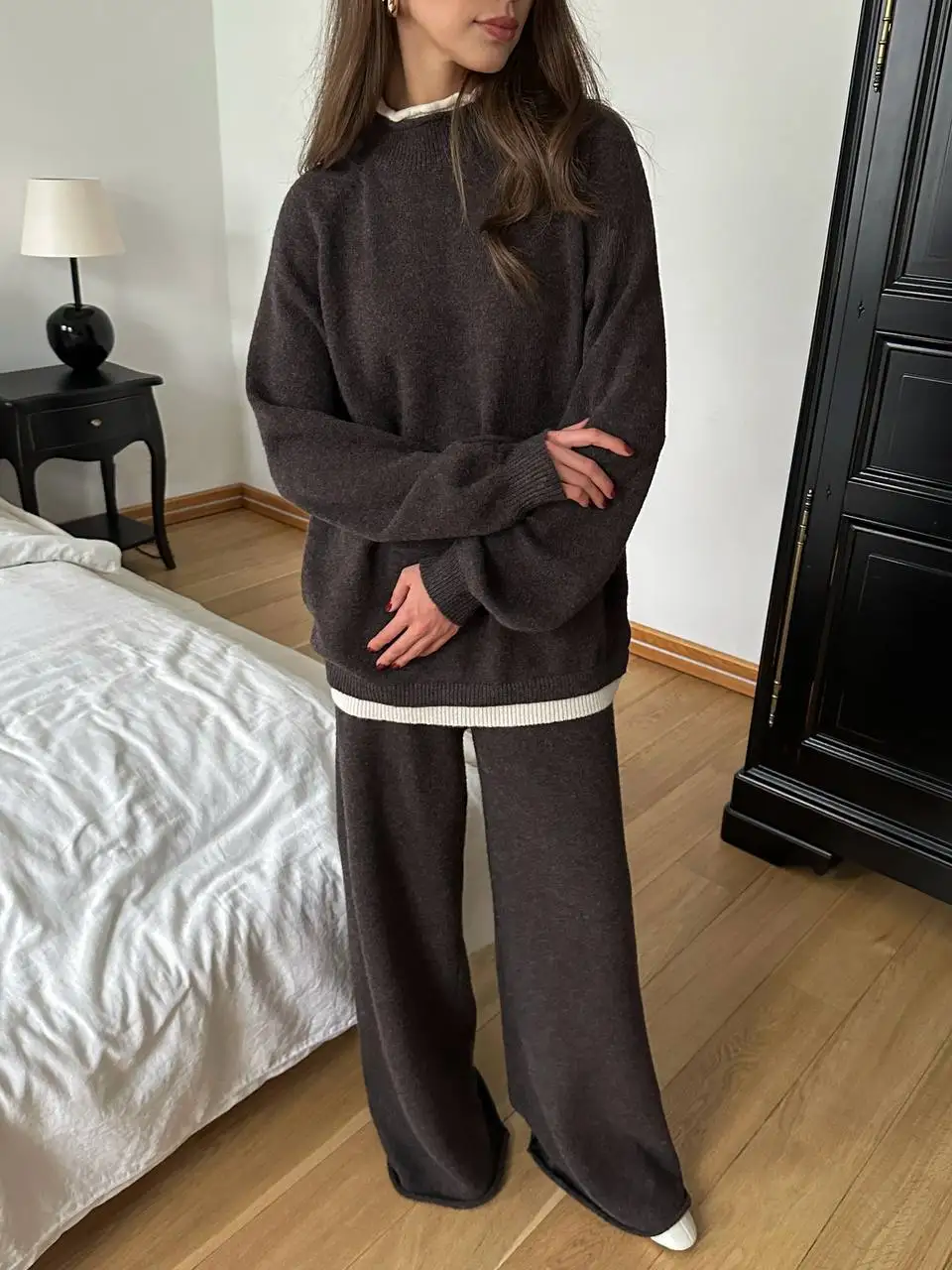 Women Casual Knitted Two Piece Set O-Neck Long Sleeve Pullover&Wide Leg Pants Outfit Fashion Daily Solid Wool Blend Ladies Suits