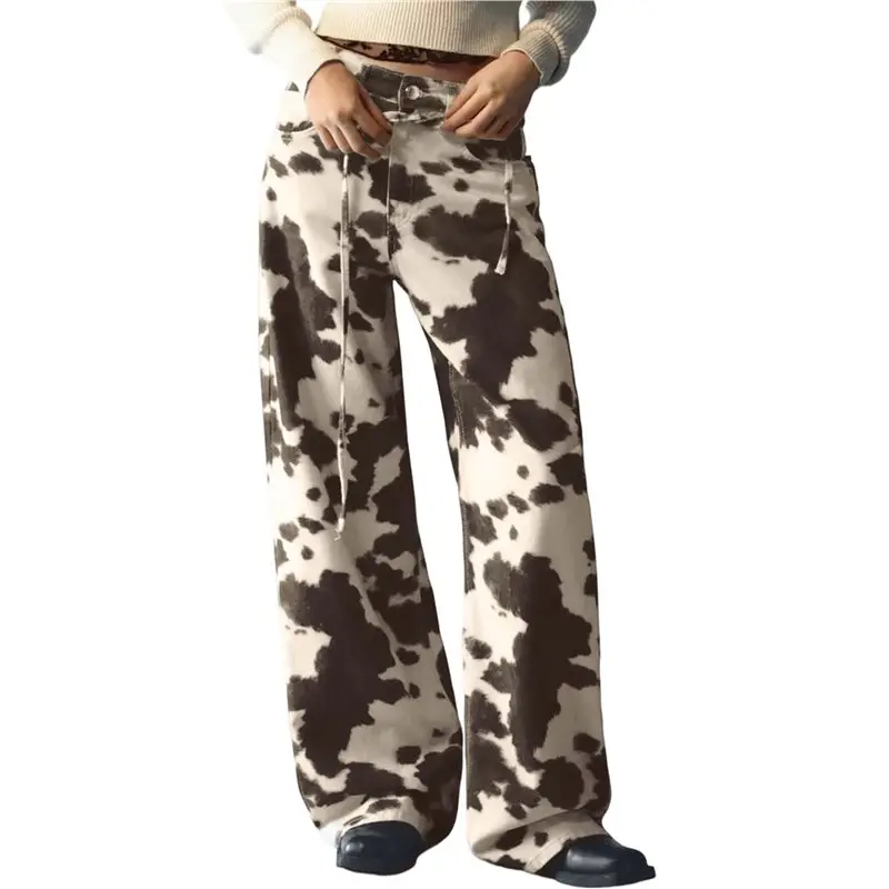 

Женские широкие брюки ABRT с коровьим принтом, повседневные свободные брюки с эластичной резинкой на талии, с коровьим узором, размер M