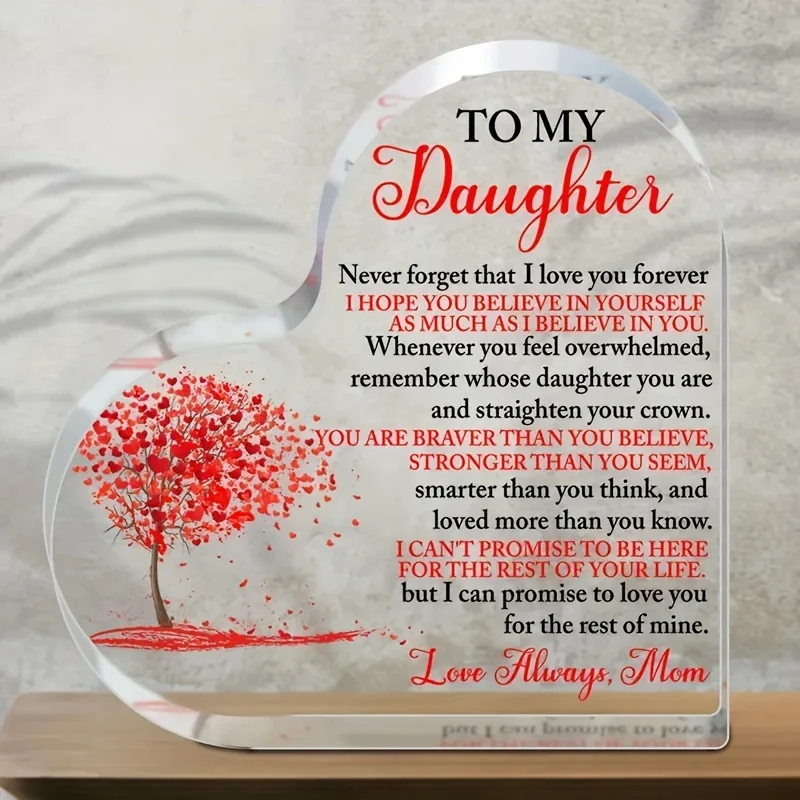 Brave Strong Quote Heart Acrylic Sign, Red Heart‑Shaped Leaves Tree Desktop Decor for Daughter