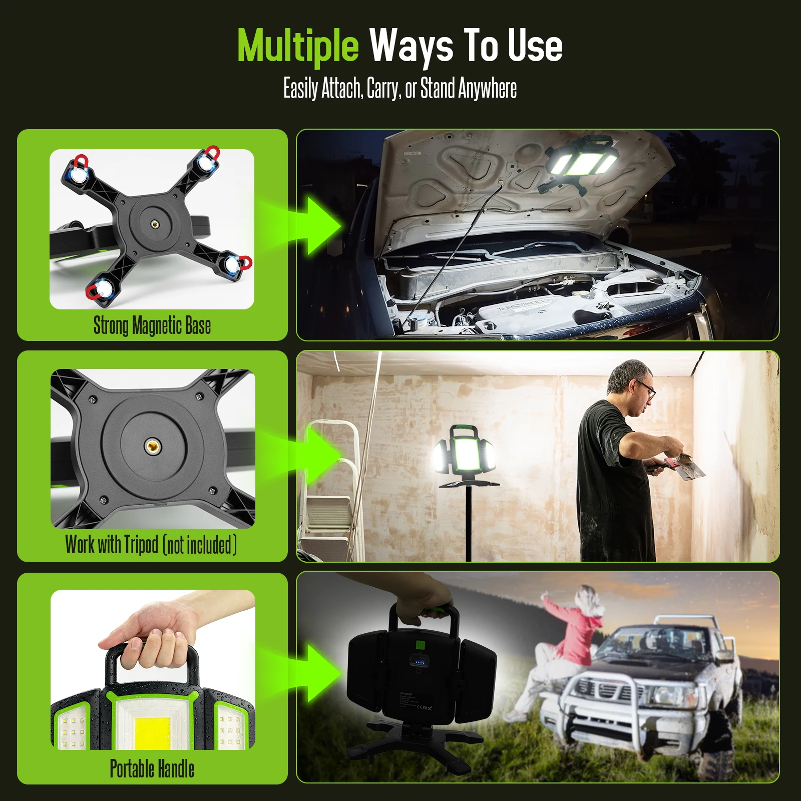 Luz de trabalho led magnética recarregável de 3000 lúmens, 30w super brilhante com carregamento de emergência, dobrável à prova d'água para acampamento de garagem