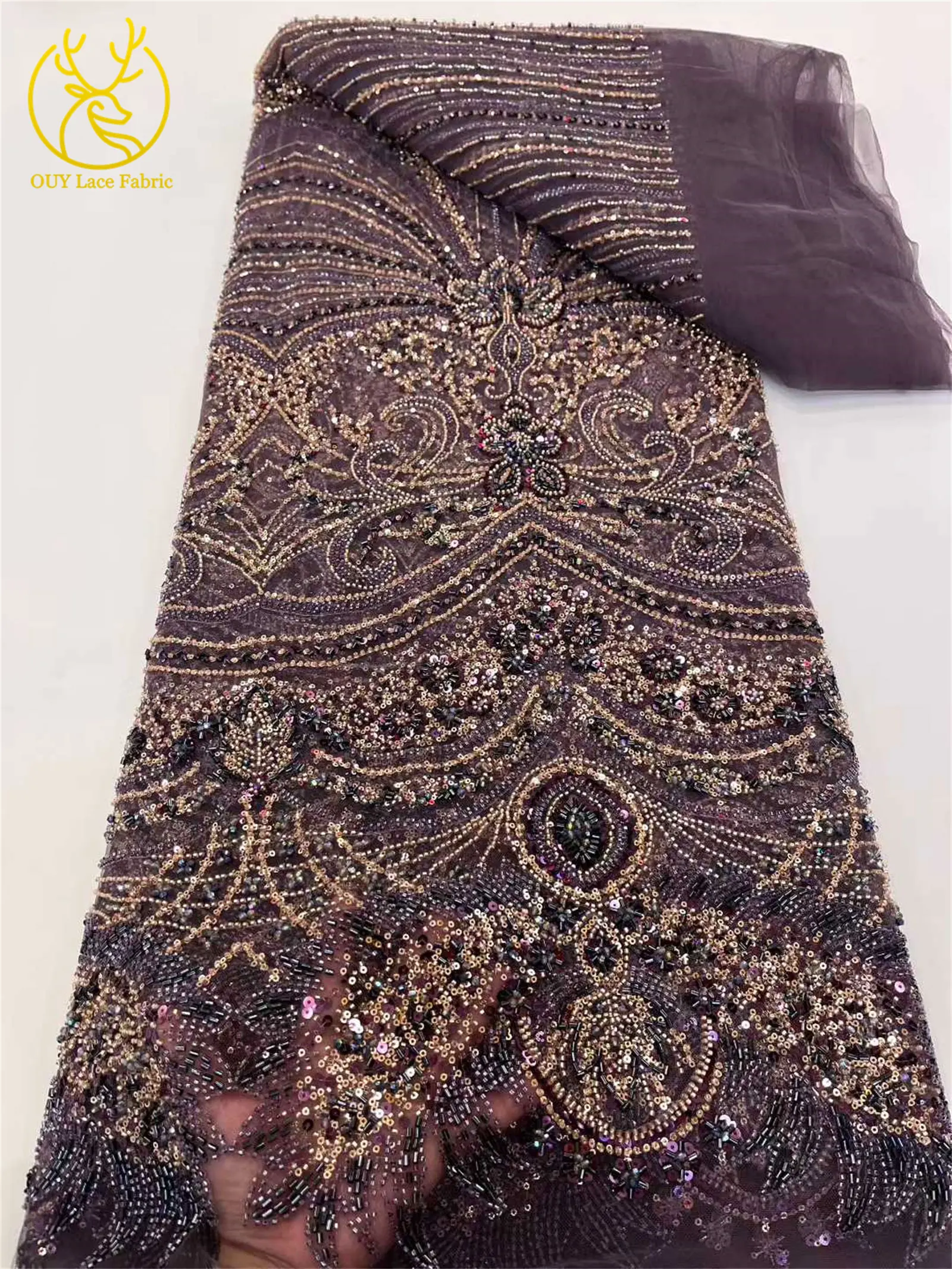 African Heavy Groom Beaded Lace Fabric 2025 High Quality French Nigerian Sequin Lace Fabric for Bridal Party Dress Sewing 5Yards