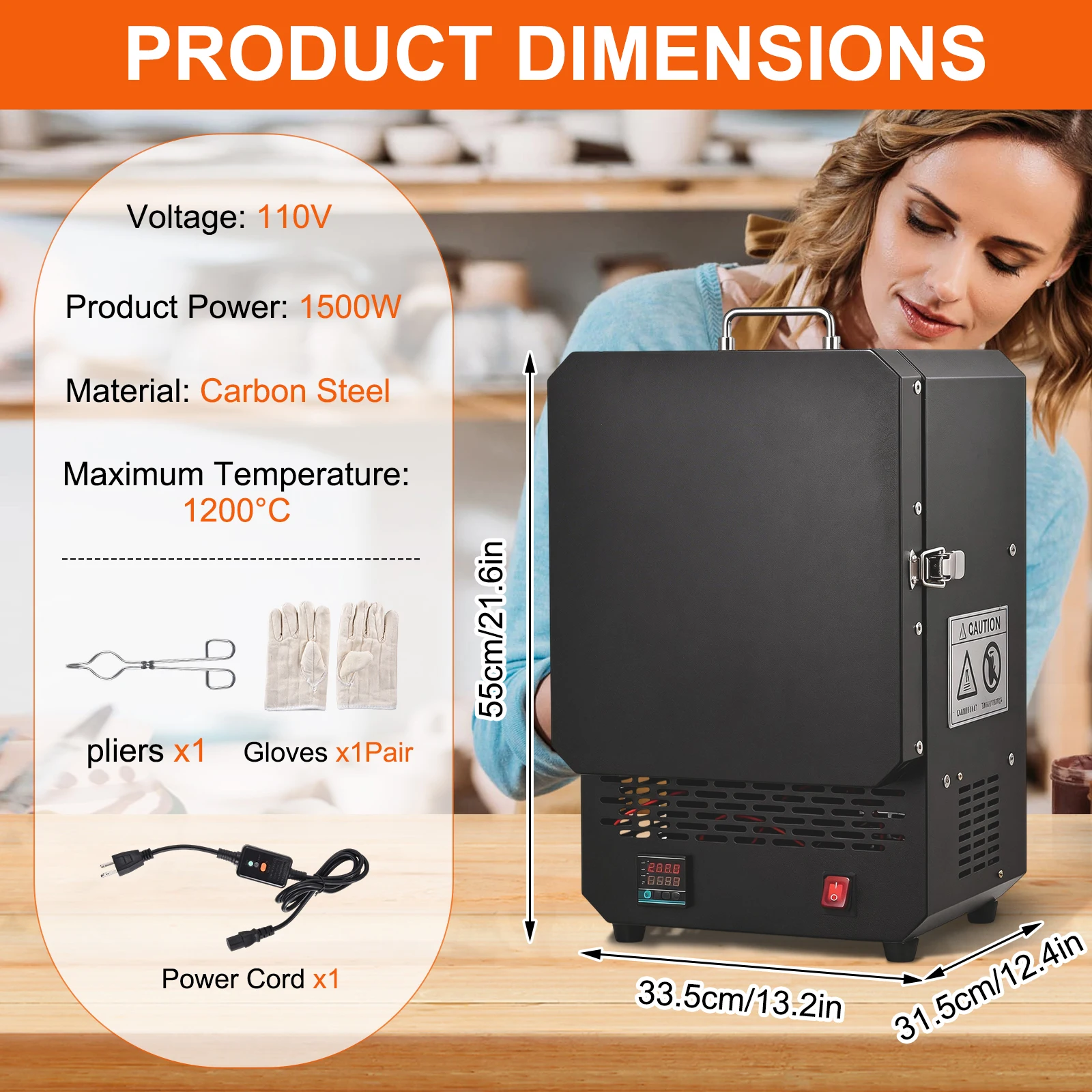 Tabletop Kiln Melter, 1500W Electric Kiln, 2192℉ 1200℃ Max Temperature, Programmable Gold Melting Furnace for Wax Casting, Clay DIY, Metal Tempering, Glazing on Pottery, Black