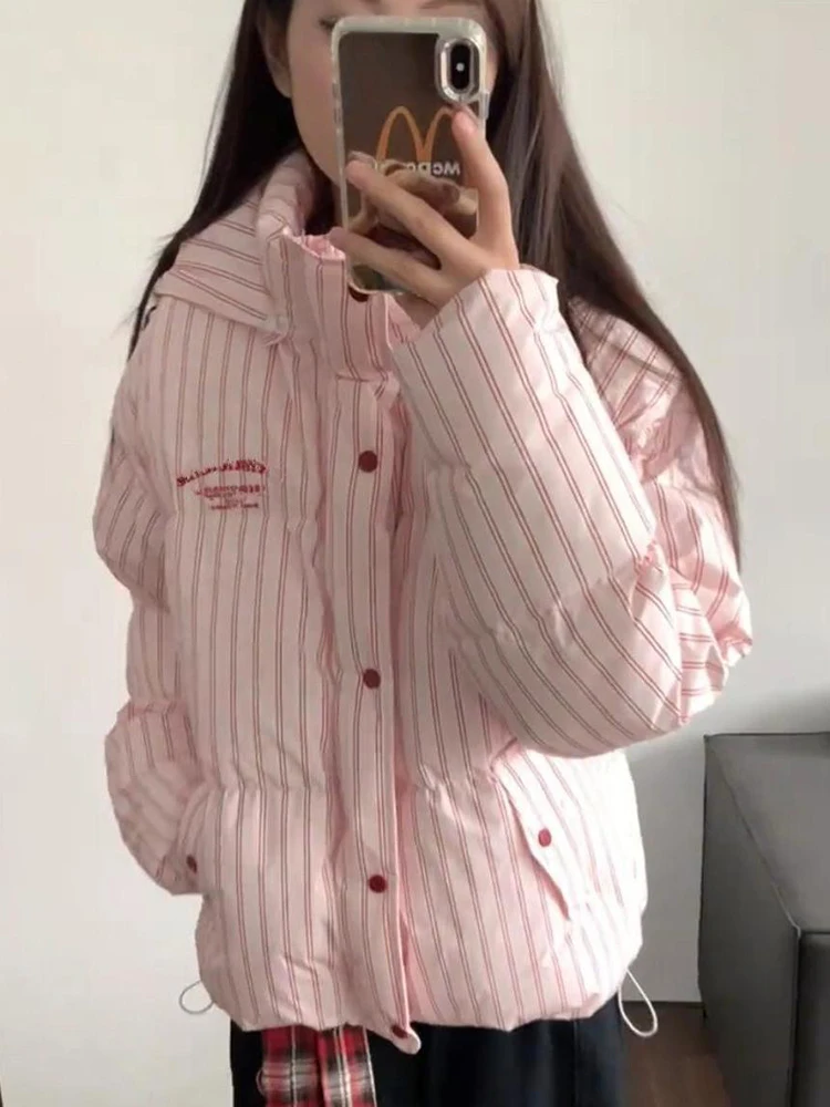 Vintage Gestreiften Brief Parkas Frauen Lose Winter Warme Hip Hop Puffy Mantel Amerikanischen Casual Stehkragen Harajuku Dicke Jacke Neue