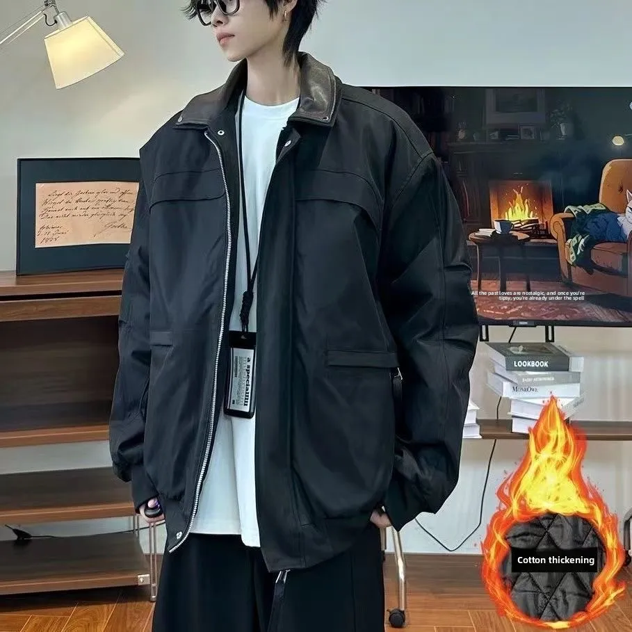 

Мужская куртка-пальто из хлопка с воротником-стойкой, в стиле пэчворк, деструктивная, модная, городская, свободного кроя, теплая, повседневная, для молодежи