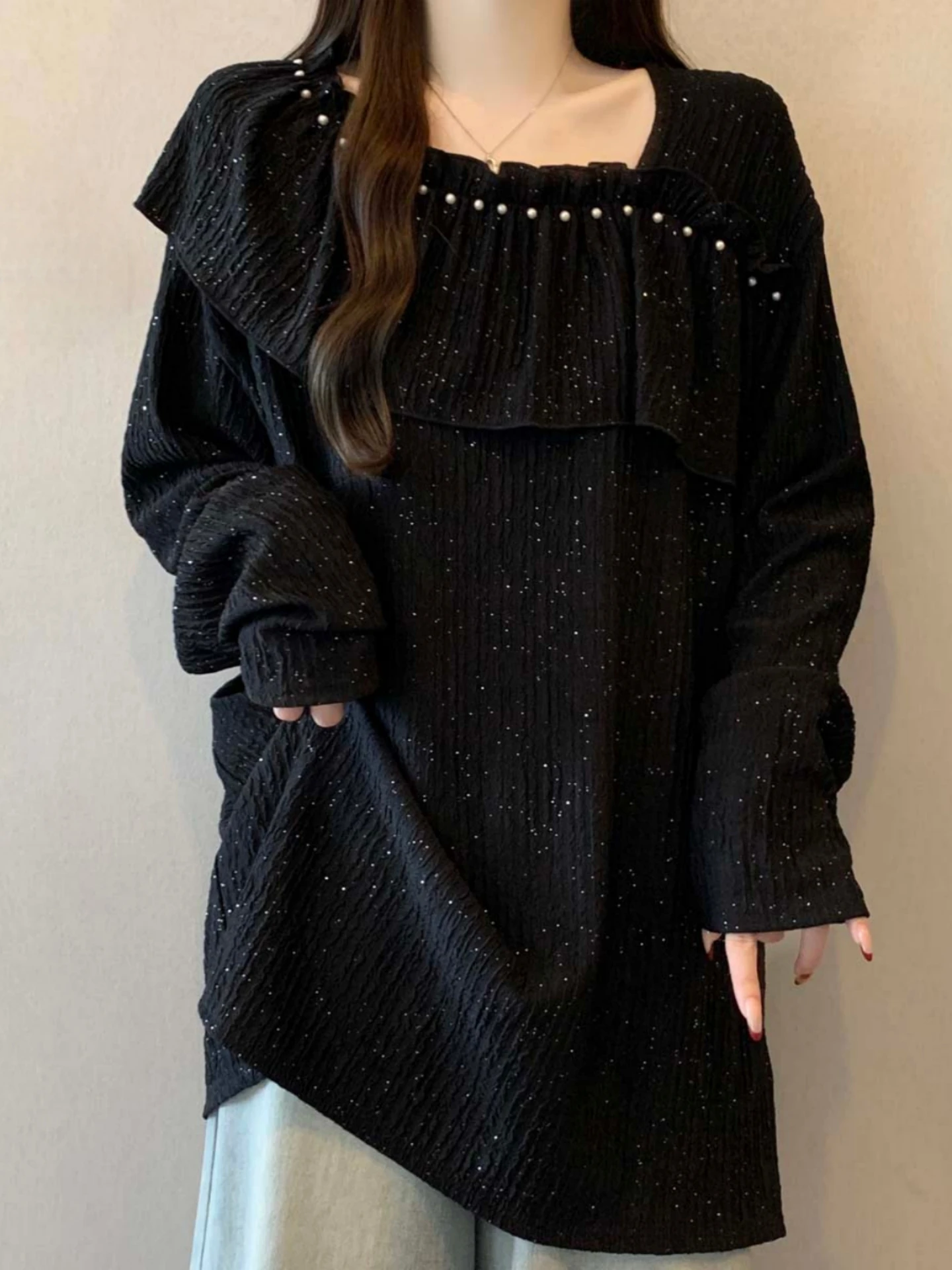 Women's Long Sleeve T-Shirt Pearl Lace Hem Base Shirt plus Size Spring Autumn High Waist Cover Butt Top Comfortable Breathable
