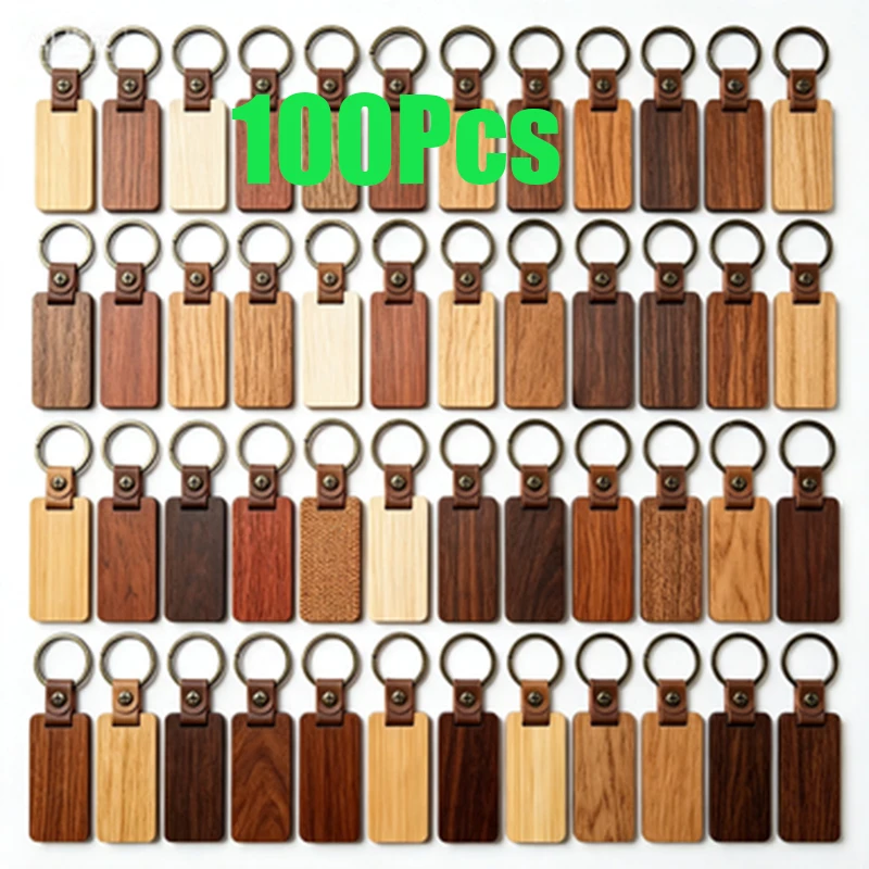 100Pcs Rectangle Unfinished Wooden Keychains Blanks, DIY Wood Key Tags with Leather Strap Vintage Metal Key Rings for Gifts
