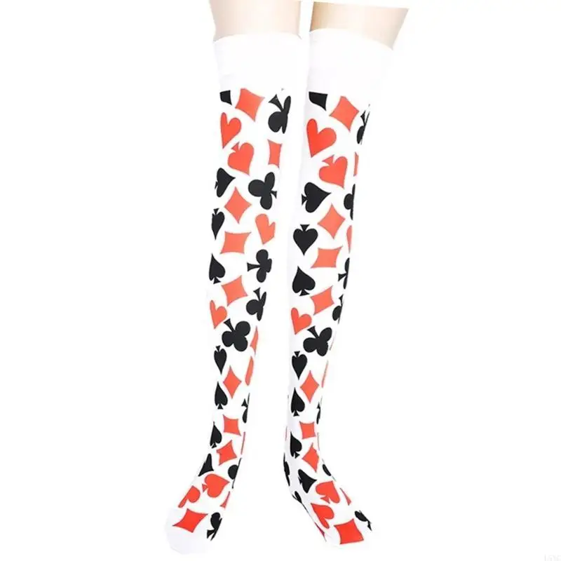 

L5YC Halloween Thigh High Stockings for Women Skull Red Lips Print Holiday Cosplay Party Hosiery Over Knee Long Socks