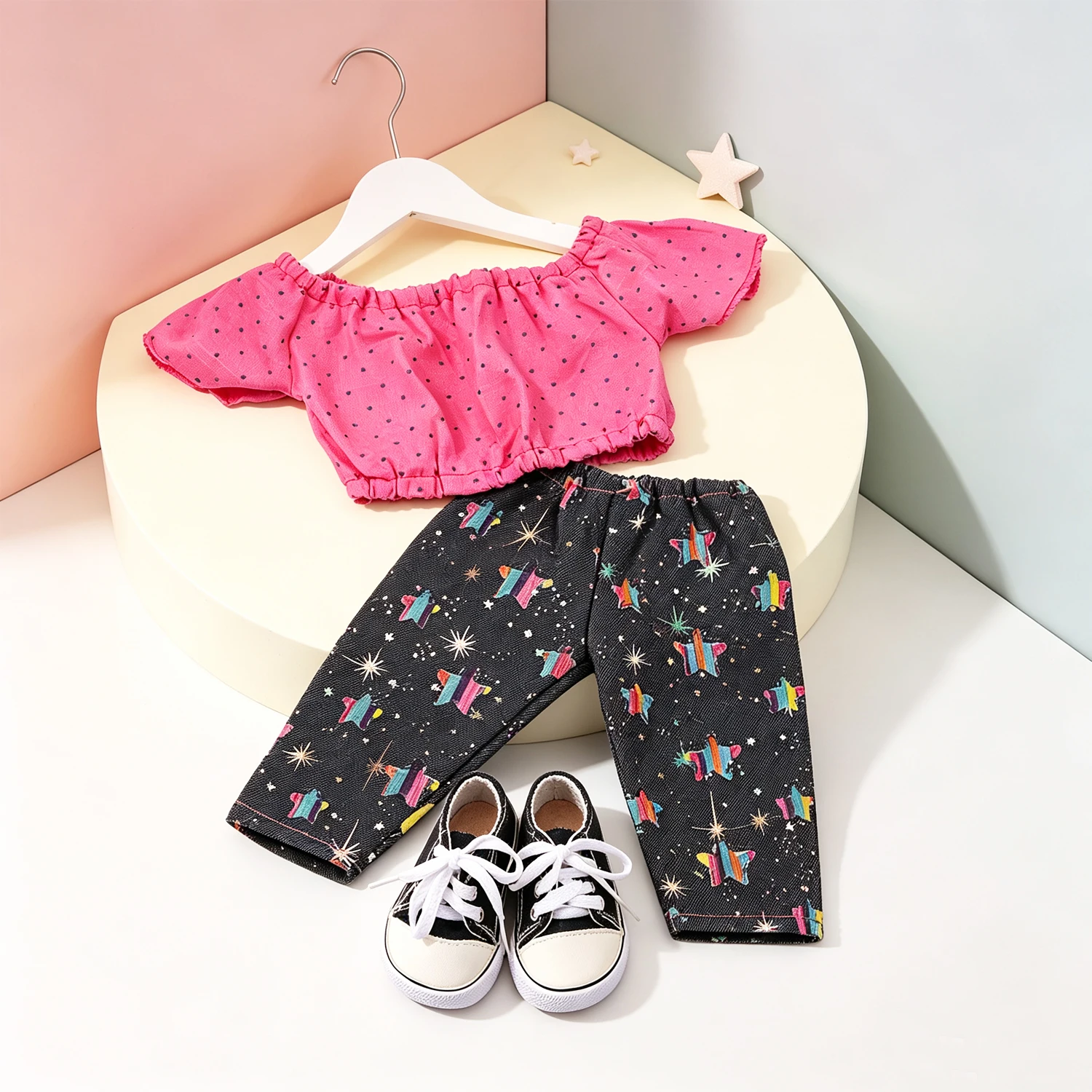 Pink Polka Dot Top Star Print Pants Doll Clothes Set Black Canvas Sneakers Fashion Accessories for 18" American & OG Girl Dolls