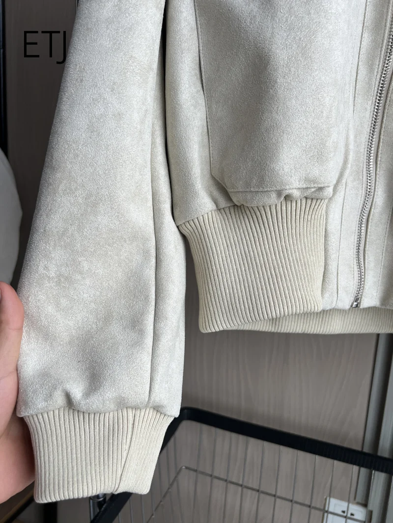 ETJ 2026 Damen Kunstwildlederjacke, kurze Fliegerjacke mit geripptem Saum, Cargotaschen, Reißverschluss, Stehkragen, Vintage-Herbstjacke – Detail 11