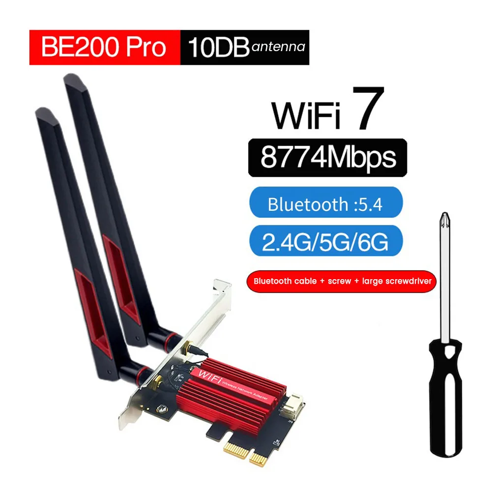 

A29F-Wifi 7 BE200 Pro Pcie Wireless Network Adapter+10DB Antenna BT5.4 Tri Band 2.4G/5G/6Ghz BE200 Wifi Card For Win11