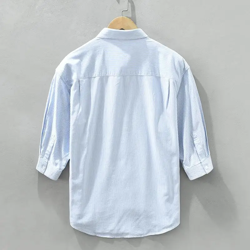 

Men's Striped Seven Quarter Sved irt Loose Fit Thiened Summer Casual irt Flip Collar Sve Length Seven Inches