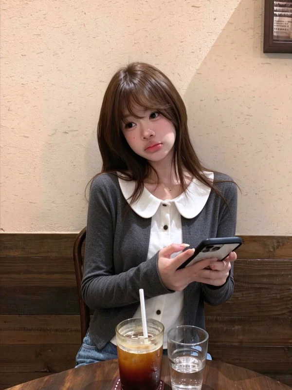 Korean Style Contrast Color Doll Collar Open Cardigan Long Sleeve Women's T-shirt Slim Fit Design Autumn Season Fake Two-Piece