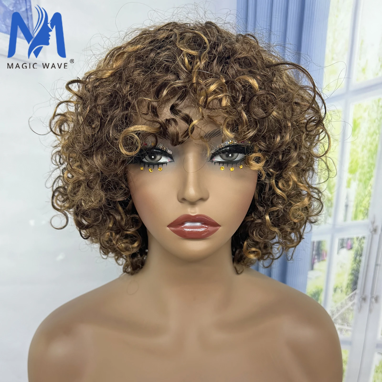 

12 Inches Water Wave Human Hair Wigs with Bangs for Black Women Full Machine Made Brazilian Hair Wigs 200% Density Bob Curly Wig