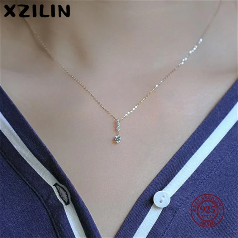 

XZiLin S925 Sterling Silver Plating 14K Gold Korean Crystal Flower Pendant Necklace Women Temperament All-Match Jewelry