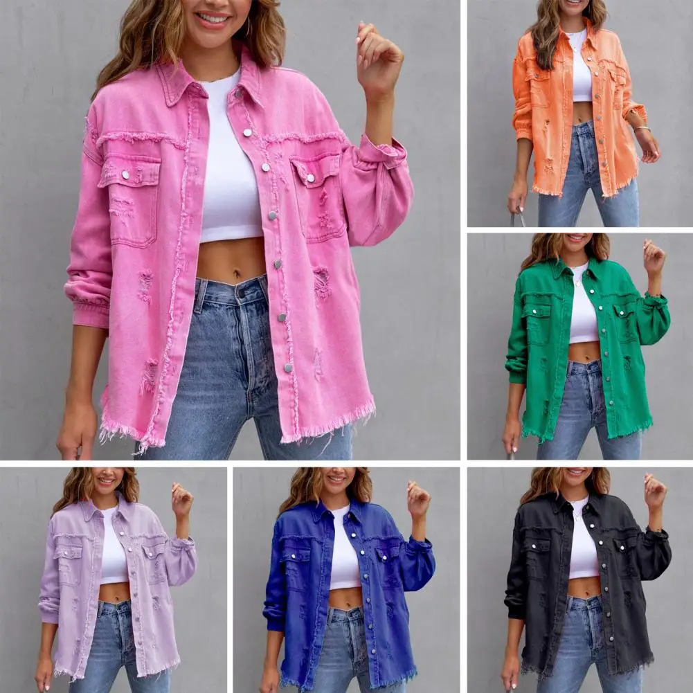 

Sweet Color Splicing Pocket Denim Jacket Female Fashion Lapel Long Sleeve Single-breasted Cardigan Loose Women Coat Jean Jacket