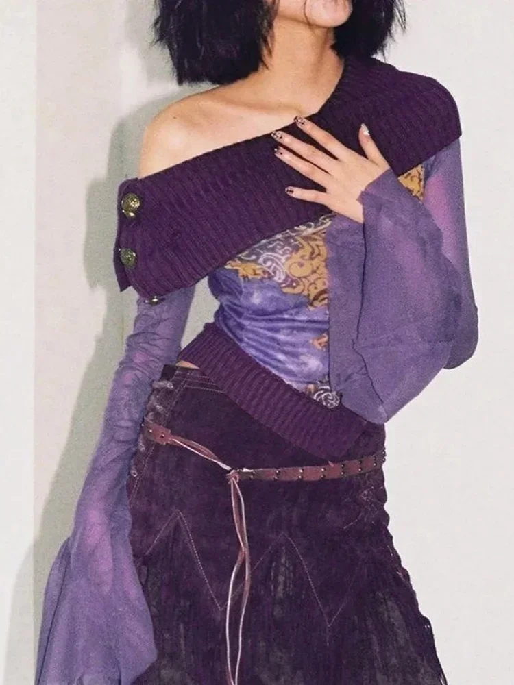 

Flare Sleeve Shirts For Women Streetwear Off Shoulder Crop Top Skew Collar Feminist Clothes Mesh Splicing Camisetas Ropa Mujer