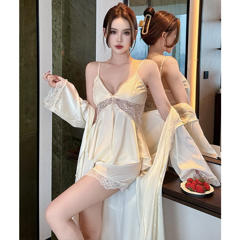 

Женский летний комплект для дома: пижама с кружевом, лентами и вставками на груди, сексуальный халат, топ на бретелях и шорты (3 предмета), новинка