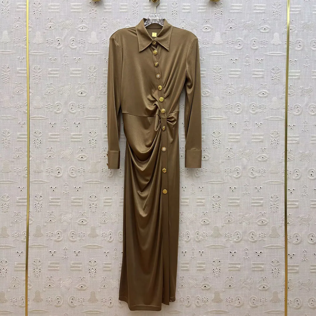 

Elegant Lady Fashion Solid Color Acetate Satin Long Dress Women Lapel Gold Button Decoration Folds Novelty Vintage Dresses