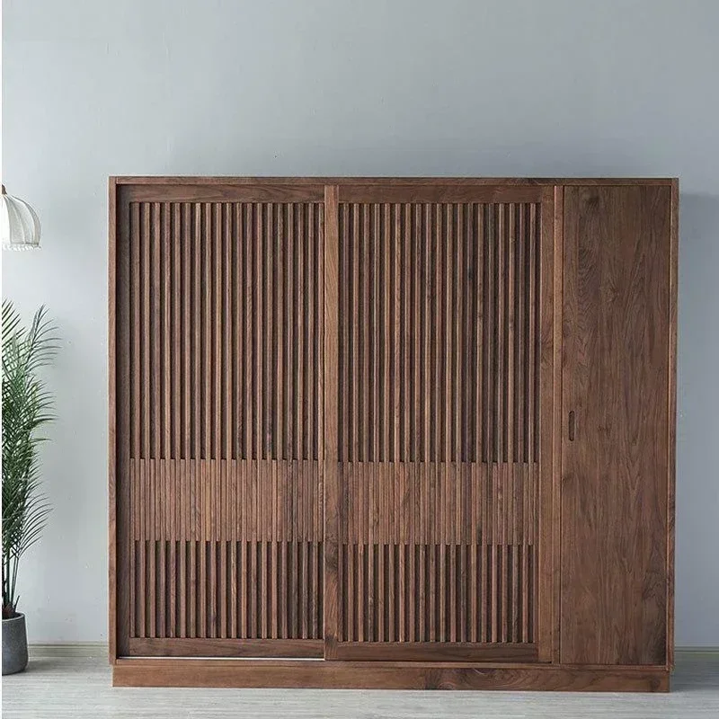 Nordic Japanese-style all-solid wood grille sliding door wardrobe simple modern wood wax oil black walnut oak wardrobe