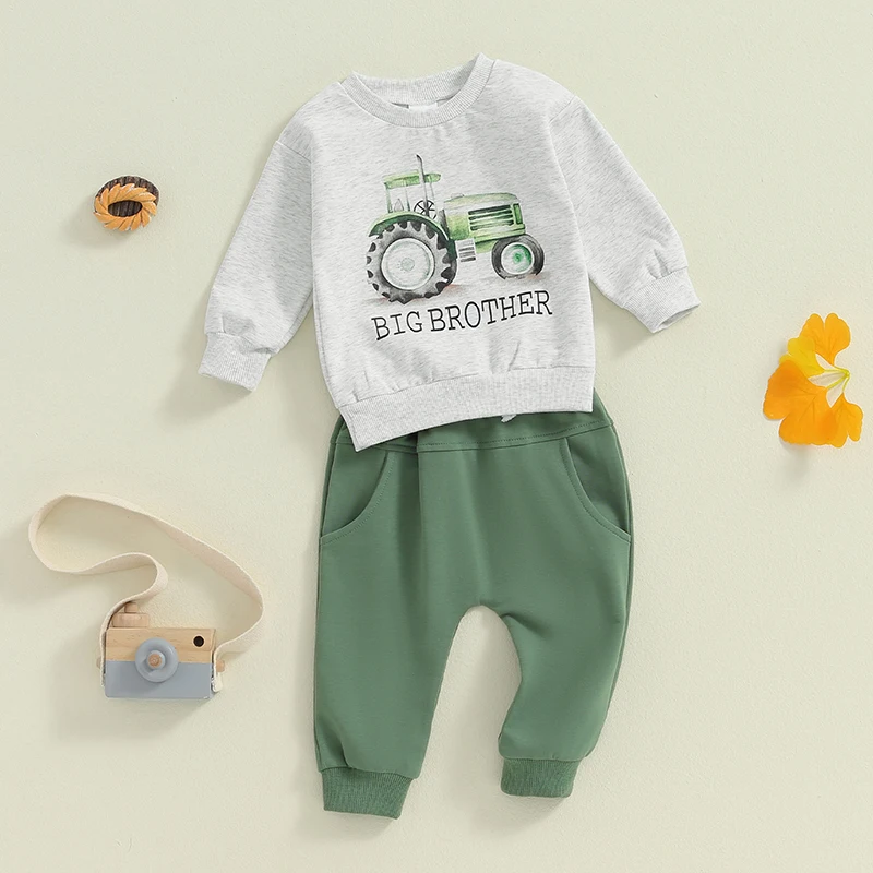 Boys Clothing Fall Autumn 2PCS Outfit Long Sleeve Letter Tractor Print Tops Solid Color Pants Sets  Newborn Clothes