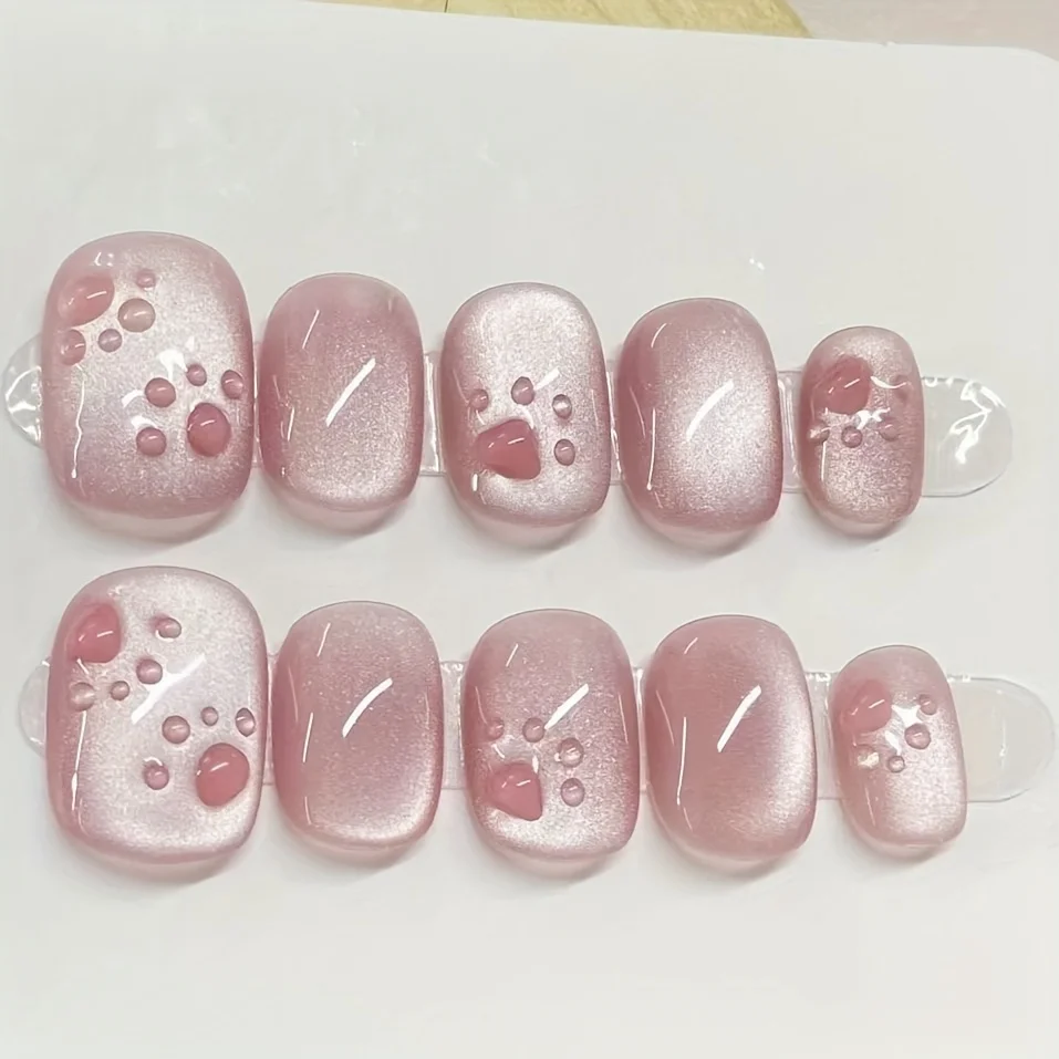 10 Stück hochwertige handbemalte Katzenkrallen, rosa Katzenaugen, handgefertigte künstliche Nägel, kurze reflektierende Nagelflicken in Rosa