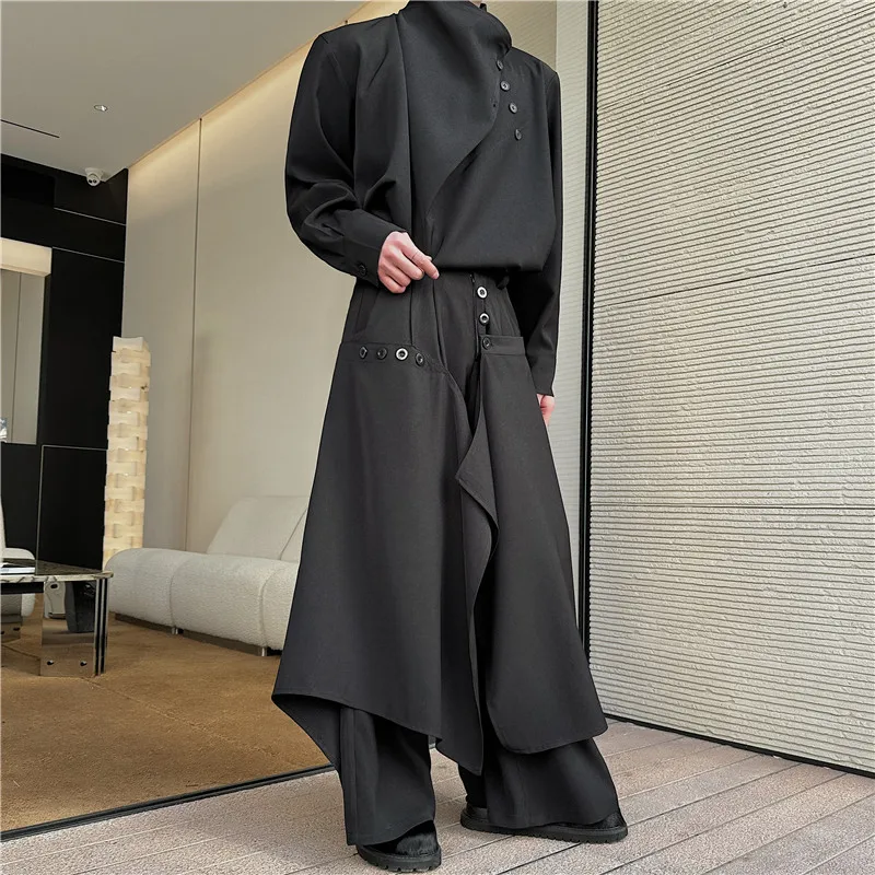Asymmetric Casual Set for Men Retro Japanese Style Two-Piece Suit Loose Fit Personality Dark Series Trendy Spring Summer Outfit