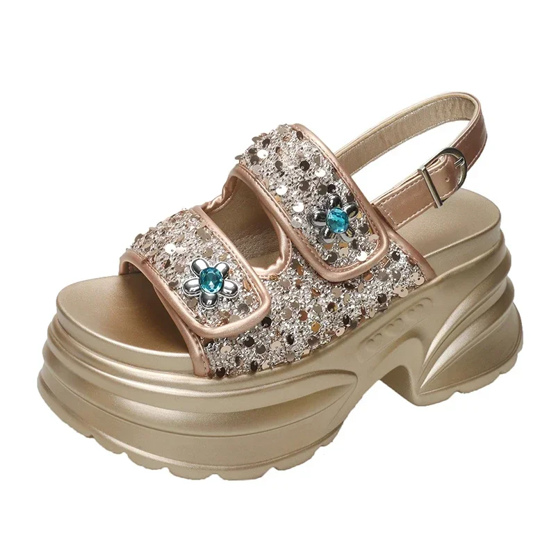 

8.5CM Chunky Platform Bling Rhine Stone Sandals Women High Heels Non-slip Slipper Wedge Sneakers Woman Beach Summer Slides Shoes