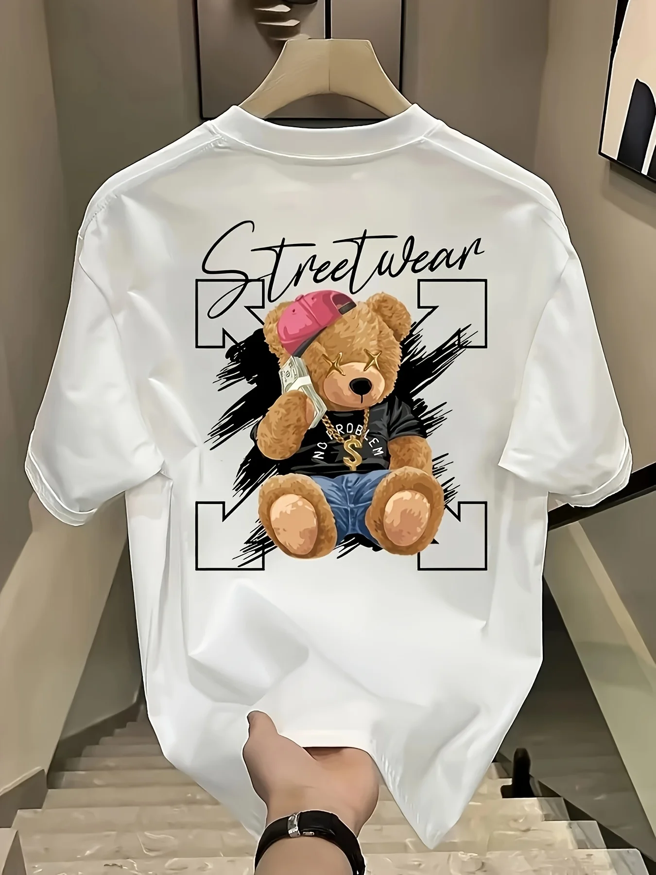 Stylish Streetwear Teddy Bear Print Tee with Bold Brushstroke Accents 100% Cotton Men's T-shirt Summer Casual Everyday Neutral