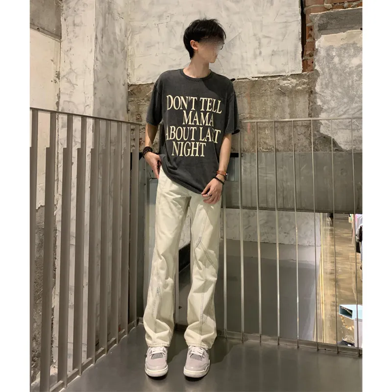 

American Retro High Street Vibe Men's Straight Leg Jeans Clean Fit Long Pants Worn Waed Distred Jeans Youth Faion