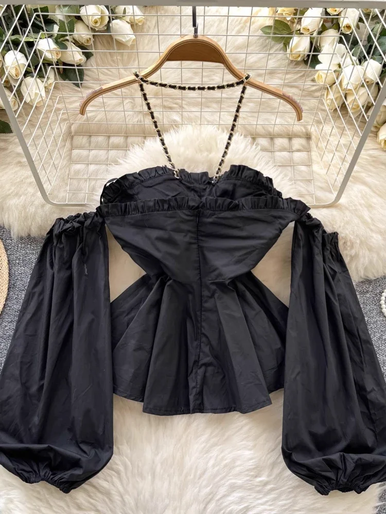 Spring France Elegant Designer Halter Tuxedo Shirts Women Chain Lantern Sleeve Ruffle Flounce Tops Female Casual Chic Clothes