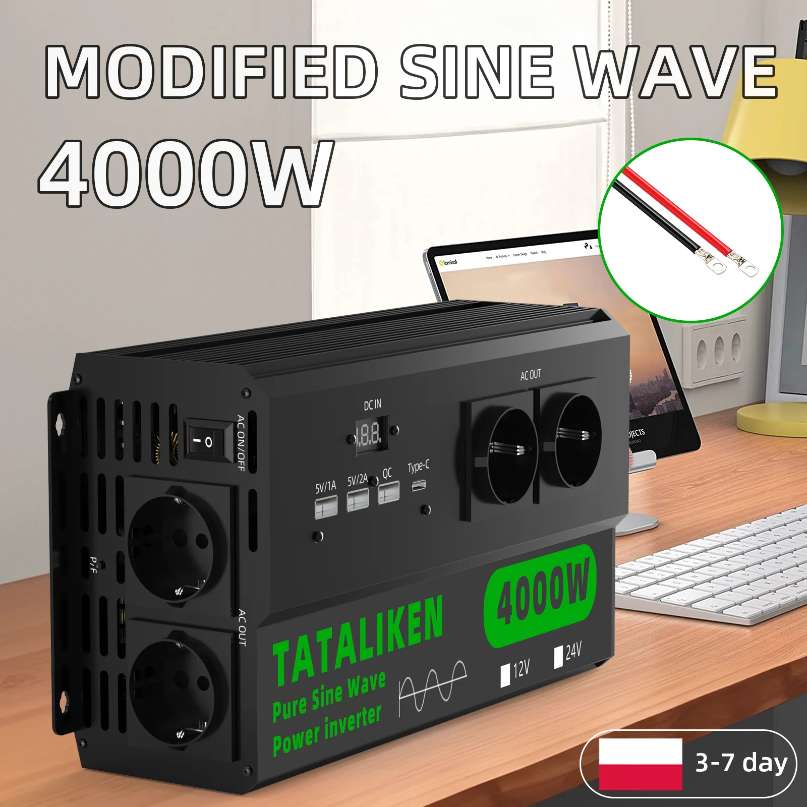 Inversor de Onda Sinusoidal Pura de 5000W, DC a AC 220V 50Hz, 4 Tomas de Corriente Tipo EU, Pantalla Digital, Ventilador con Control de Temperatura para Automóvil