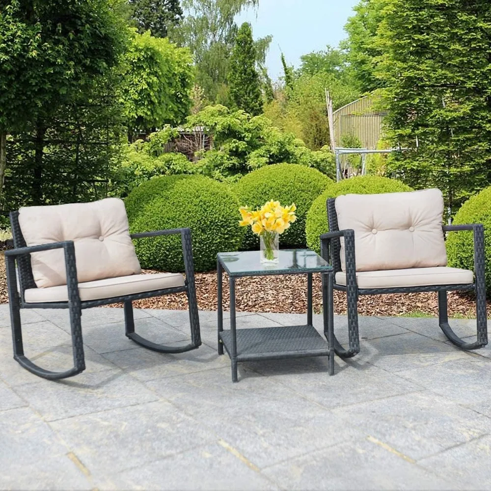 

3-piece Swinging Tavern Outdoor Terrace Swinging Chair with Coffee Table, Rattan Furniture Dialogue Set