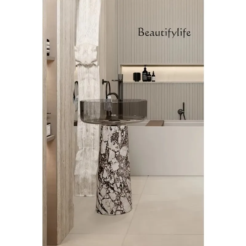 

Marble luxury stone tea brown transparent floor-to-ceiling homestay small apartment bathroom bathroom cabinet column basin