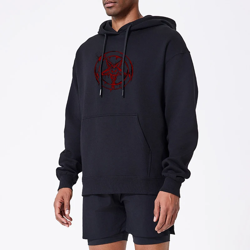 Fashionable Autumn Winter Men's Hoodie Red Pentagram Printed Street Casual Sports Style Big Pocket Fleece Sweatshirt