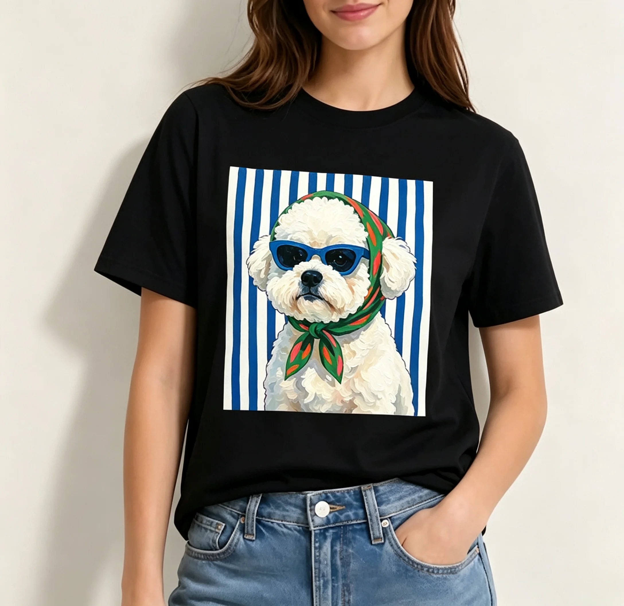 Women's Stylish Bichon Dog Sunglasses Graphic T-Shirt Oil Painting Art Blue White Stripe Background Casual Short Sleeve Tee