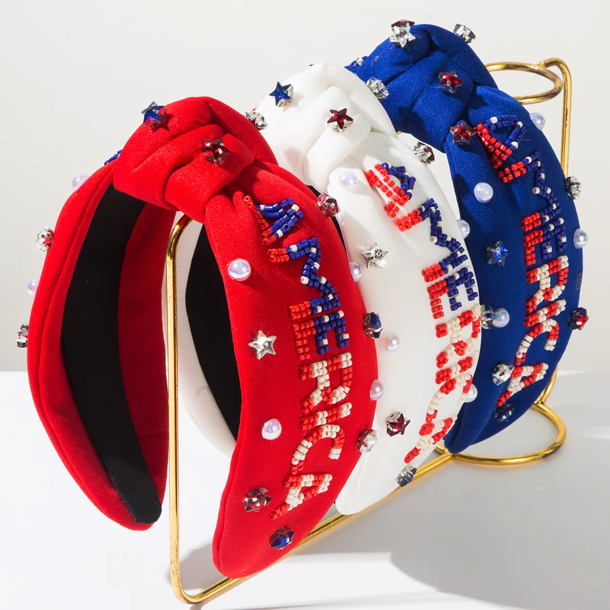 

European and American Popular Independence Day Women Hand-sewn Letter Rice Beads Diamond Headband Holiday Hair Accessories