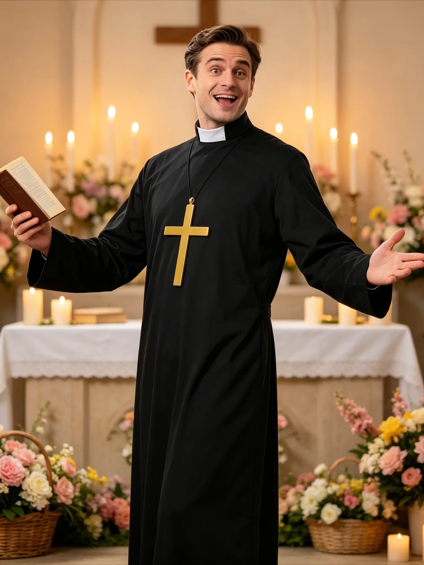 Male Priest Role Play Robe Match Necklace Long Gown Religious Cosplay Outfit for Theme Party Show Fancy Dress Events