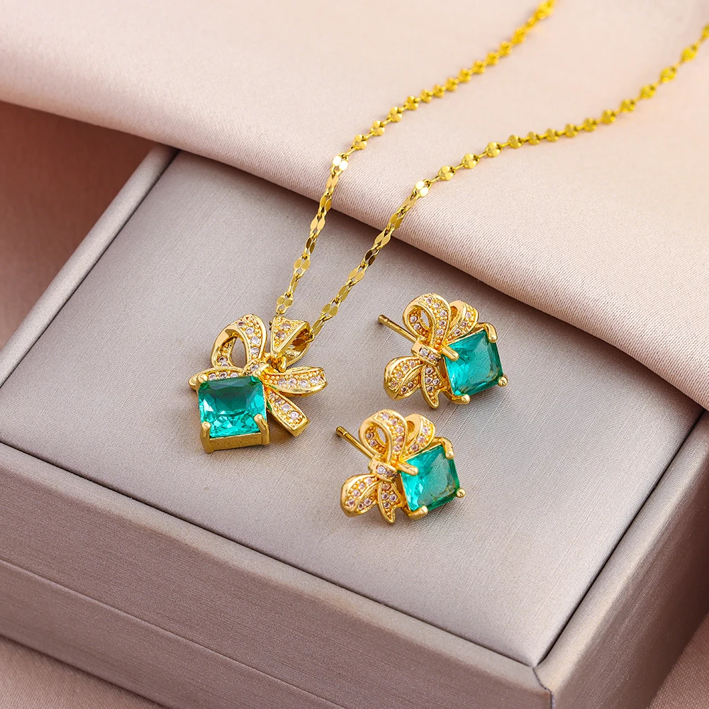 New Retro Blue Zircon Bowknot Necklaces Earrings For Women Trendy 18K Gold Plated Female Stainless Steel Jewelry Set Wholesale