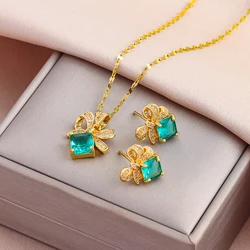 New Retro Blue Zircon Bowknot Necklaces Earrings For Women Trendy 18K Gold Plated Female Stainless Steel Jewelry Set Wholesale