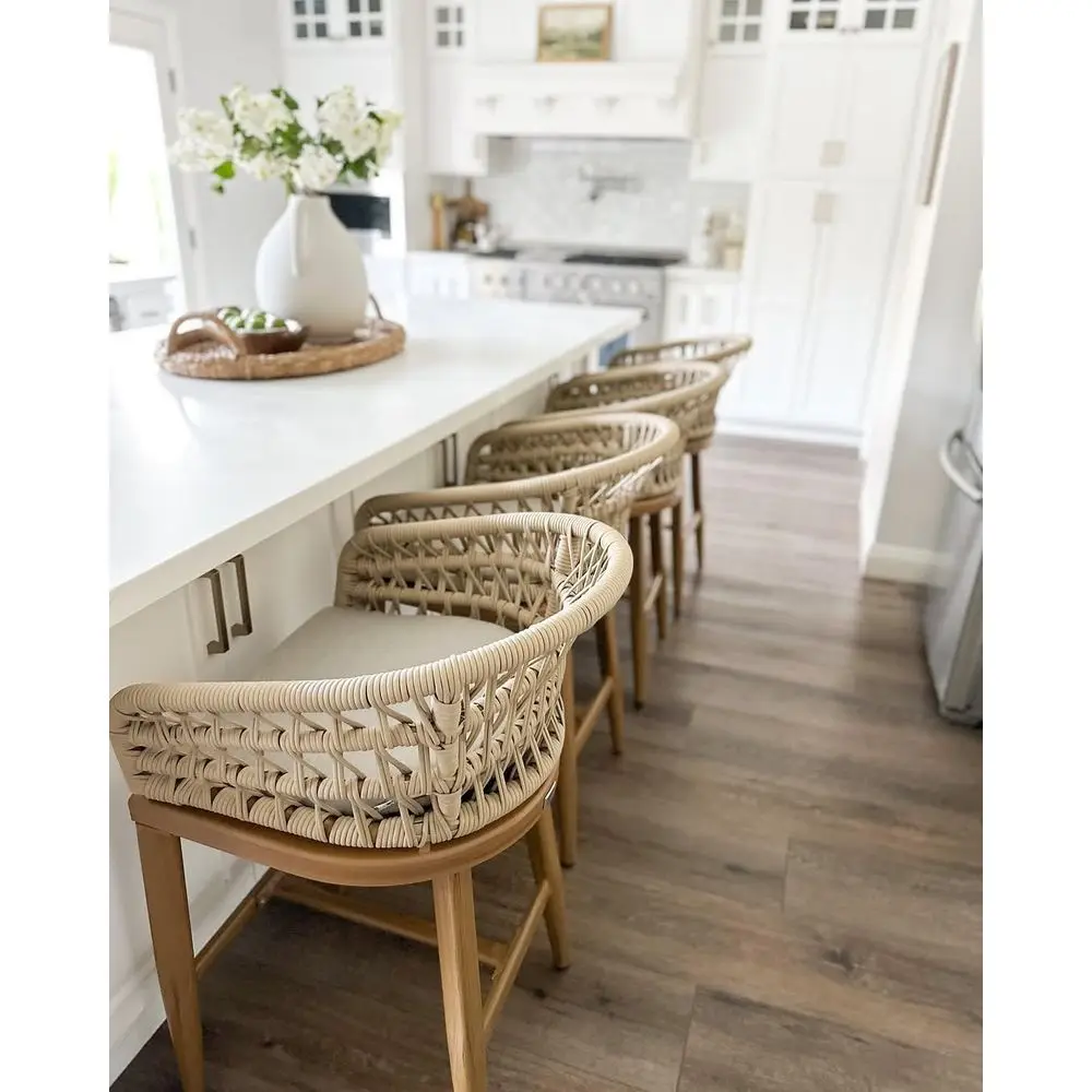 

24 Counter Height Rattan Bar Stools Set of 2, Upholstered Patio Chairs with Backrest for Indoor/Outdoor Use