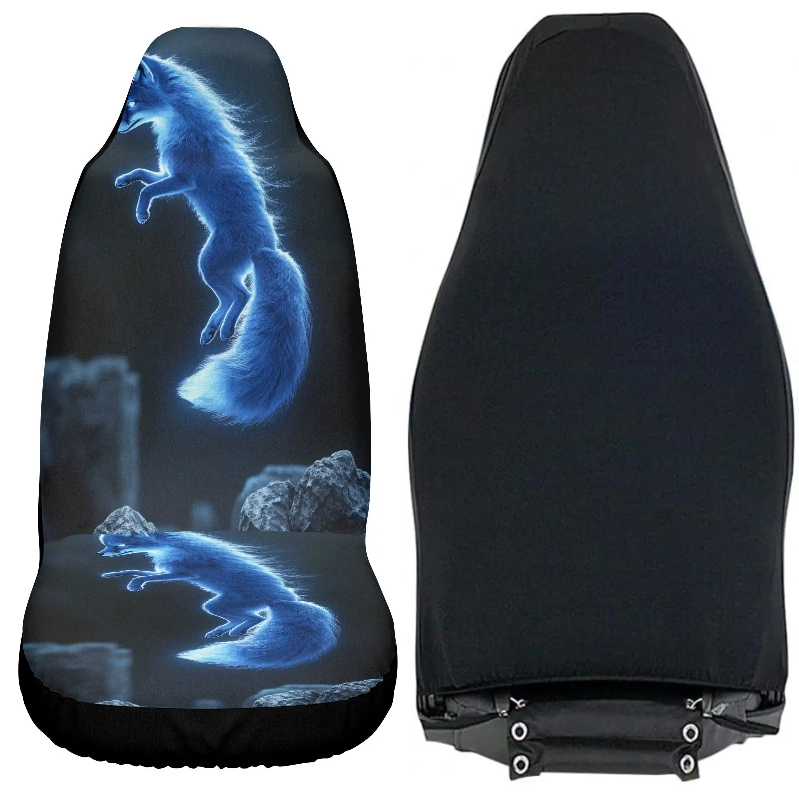 2pcs Blue Fox Ghost Pattern Car Seat Covers | Polyester, Universal Fit For Sedans, SUVs, And Cars, Perfect Gift For Friends And