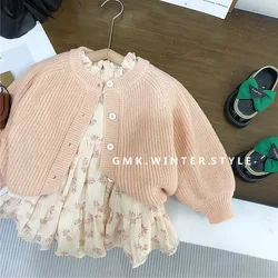 Korean Children's Clothing Spring and Autumn New Girls Mahai Bubble Sleeve Knitted Cardigan Stand-up Collar Floral Dress