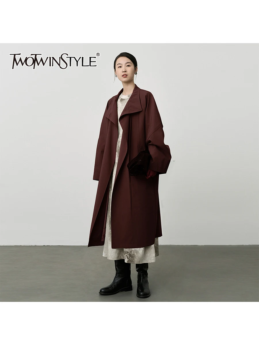 

TWOTWINSTYLE Burgundy Casual Loose Trench For Women Stand Collar Long Sleeve Patchwork Single Breasted Minimalist Coats Female