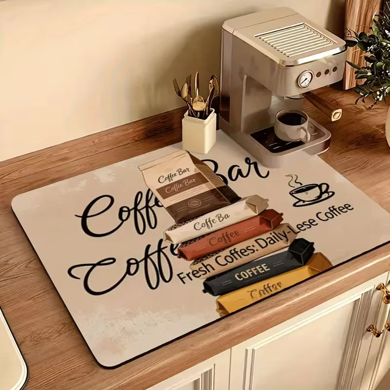 Vintage Beige Coffee Bean Pack Hand Letter Print Drying Mat Non Slip Coffee Bar Kitchen Sink Table Protection Mat