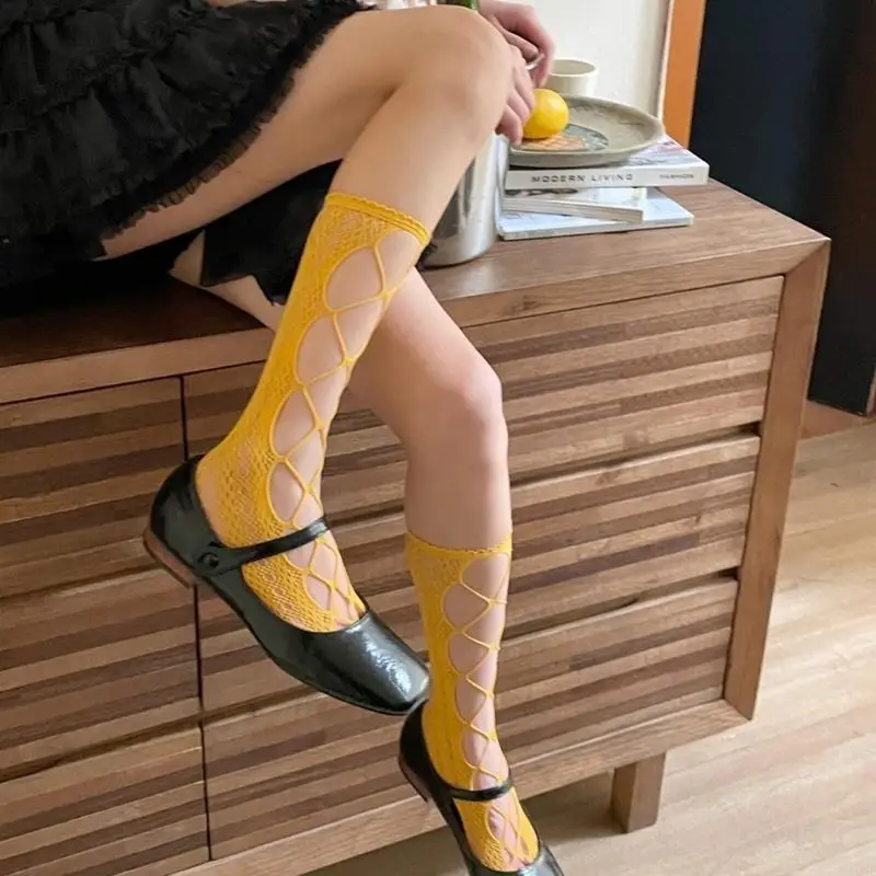 

195E Women Girl Summer Sock Bandage Hollows Knee Length Solid Stocking