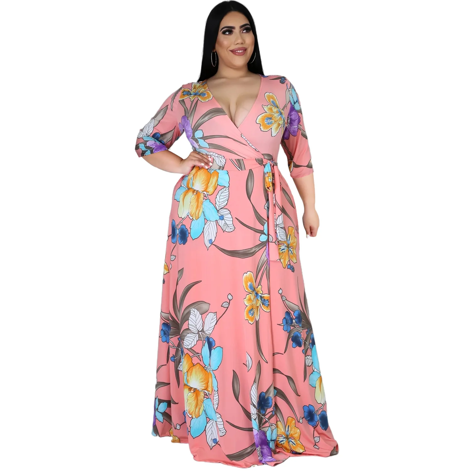 HAOOHU Women's Clothing Plus Size Bohemian Dress 2023 V-neck Mid-sleeve Split Beach Print Big Swing Dress Fashion Casual Urban