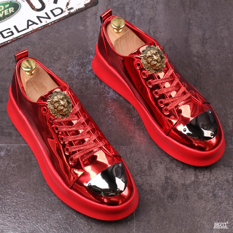 Luxury loafers patent leather gold platform pumps with high low tops men\'s shoes red soled hip hop sneaker Chaussure Homme A6