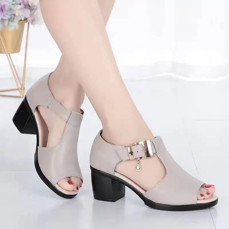 Leather Fashion Summer Sandals Peep Toe Square Heel Middle Heel Mom Shoes Metal Buckle High Heel Women Shoes Office Work Shoes