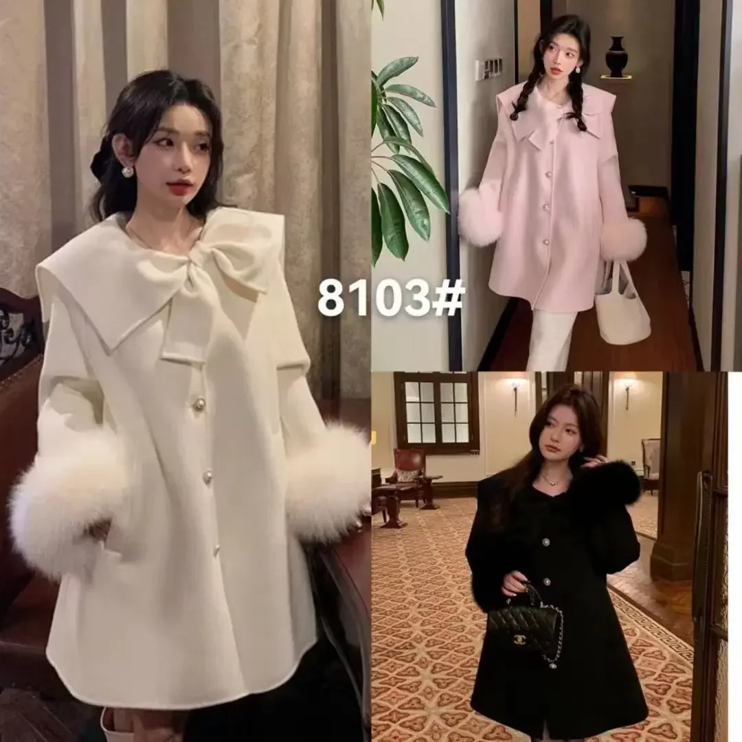 

Sweet Hot Girl Bow Double-sided Woolen Coat Women's Autumn/winter Mid-length Fur Long-sleeved Coat Fashion Female Clothes